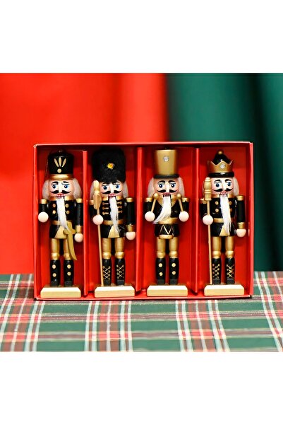 DEK Altın Siyah 4’lü Fındıkkıran Asker Figür Seti – 13 cm Ahşap Yılbaşı Süsü Dekor