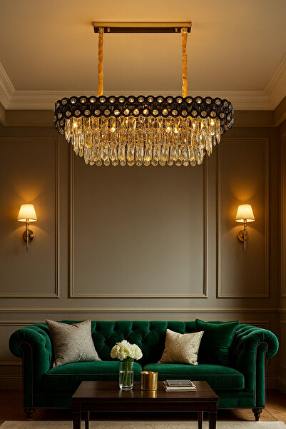 qwell A rectangular, gold-plated chandelier studded with crystals, suitable for living rooms.