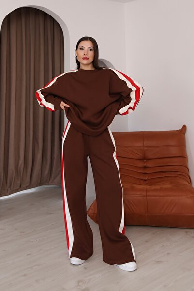 02Lady Fashion ριγέ oversized Σετ αθλητικής φόρμας με φαρδύ πόδι με τρία νήματα