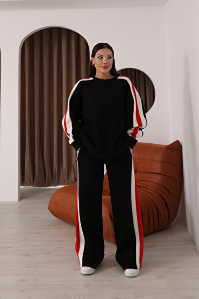 02Lady Fashion detaliu cu dungi supradimensionat Set de trening cu trei fire cu picioare largi