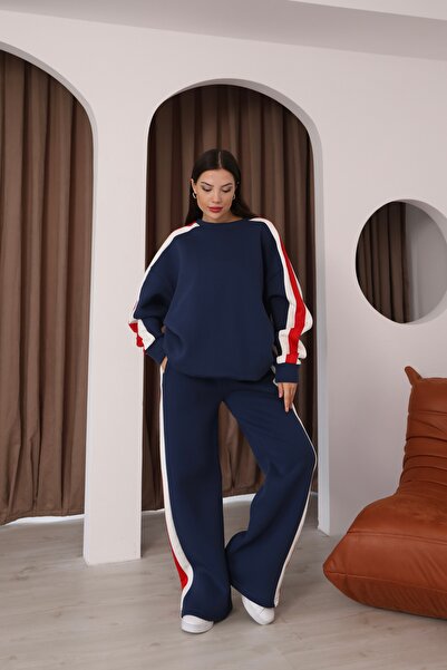 sportiness Oversized Striped Detail Wide Leg Three Thread Tracksuit Set