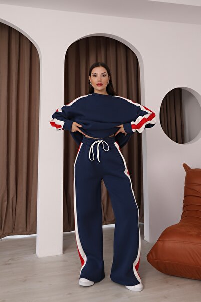 sportiness Oversized Striped Detail Wide Leg Three Thread Tracksuit Set