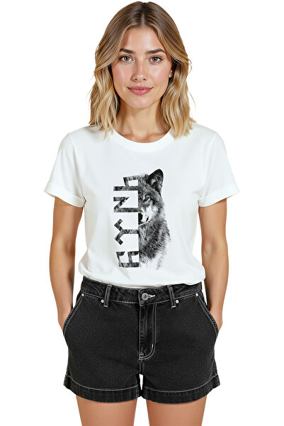 Color Luxe Kadın Beyaz Relaxed Fit %100 Pamuk Tişört – Göktürkçe Türk Yazısı ve Bozkurt Kurt Baskılı