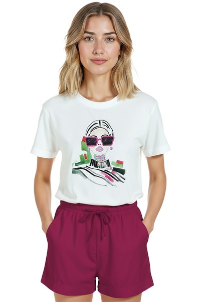 Color Luxe Women's White Relaxed Fit 100% Cotton T-Shirt – Linear Portrait & Pink Glasses Printed