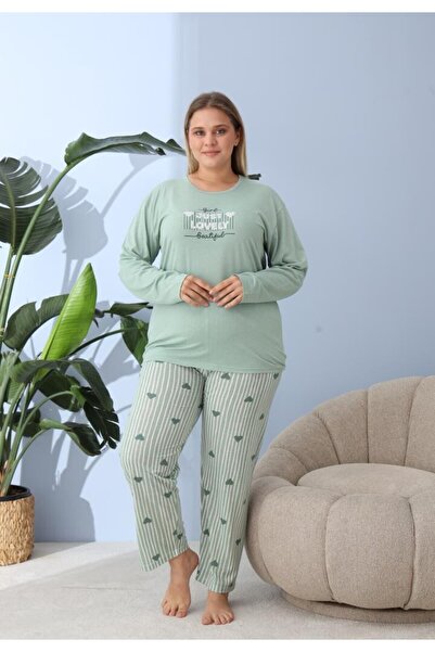 TOSKI Women's Pajamas, Big Size, ''JUST LOVELY" with Pants and Long Sleeves, Green