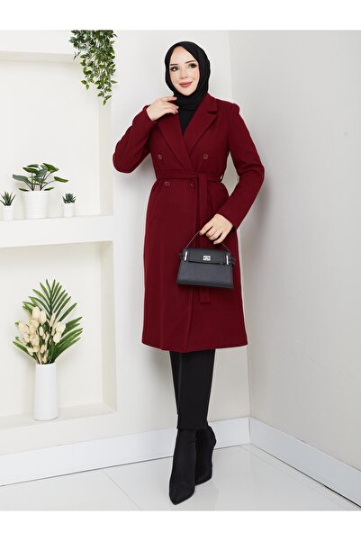 nisanurfashion Kuşaklı Bordo Kadın Kaban