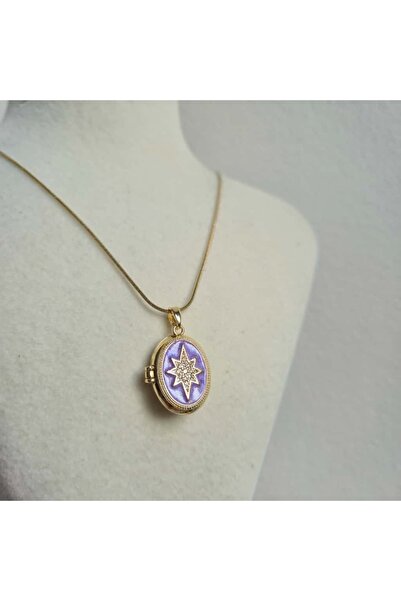 Haze Kararmaz Çelik Kutup Yıldızı Mor Mineli Açılabilir Kolye
