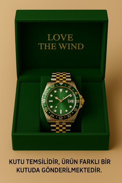 Love The Wind Sports Men's Wristwatch with Calendar - Silver Gold Band & Green Dial