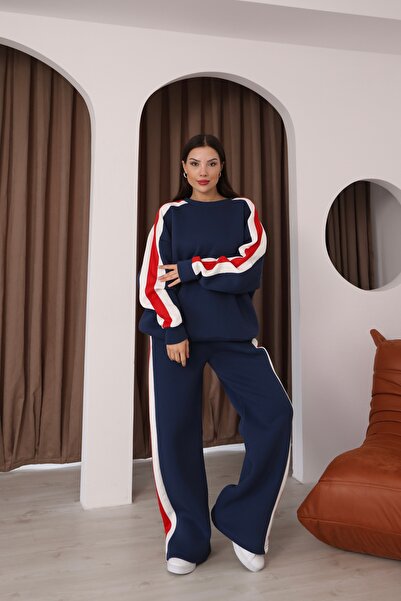 sportiness Oversized Striped Detail Wide Leg Three Thread Tracksuit Set