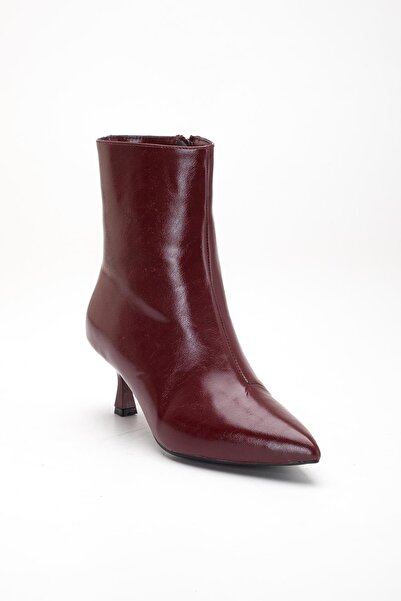 Dilimler Ayakkabı Burgundy Women's Thin Heeled Boots Wrinkled Patent Leather Pointed Toe