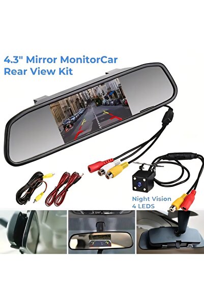 Smart شاشة كاميرا احتياطية لمرآة الرؤية الخلفية للسيارة، إطار أسود، حامل عالمي للسيارة 4.3 بوصة