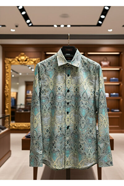 YusGos Long Sleeve Cotton Viscose Easy Iron Shawl Pattern Regular Fit Premium Men's Shirt