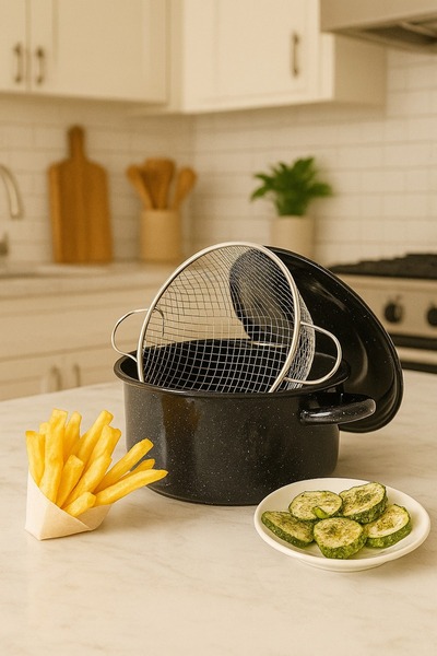 BOSSİO Fryer Lid Enamel Strainer Basket Fireproof Non-Stick Frying Pot