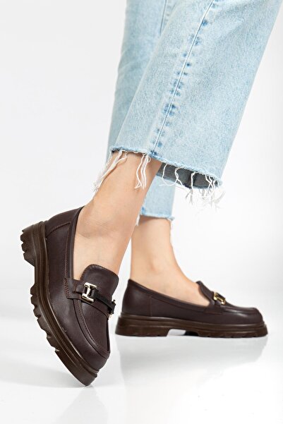 Dilimler Ayakkabı Brown Women's Loafer Casual Shoes Faux Leather with Stone Buckle