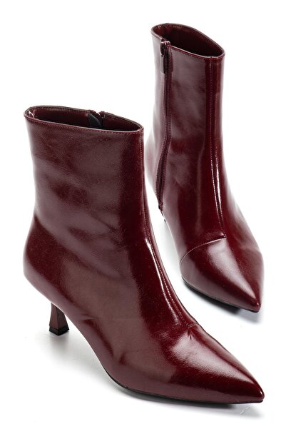Dilimler Ayakkabı Burgundy Women's Thin Heeled Boots Wrinkled Patent Leather Pointed Toe