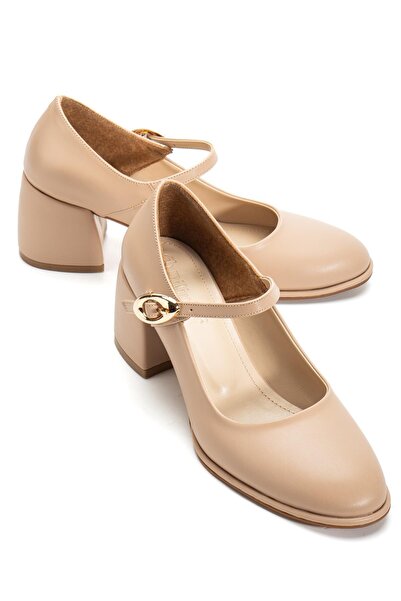 Dilimler Ayakkabı Nude Women's Thick Heeled Shoes with Hard Hats and Vardola Thick Buckles