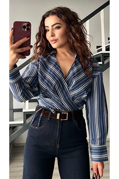Oslove Navy Blue Striped Double-Breasted Tie Crop Shirt