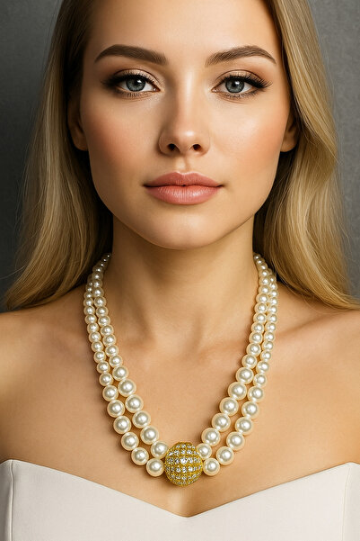 Solare Accessories Altın Kaplama Taş Detaylı Çoklu İnci Kolye