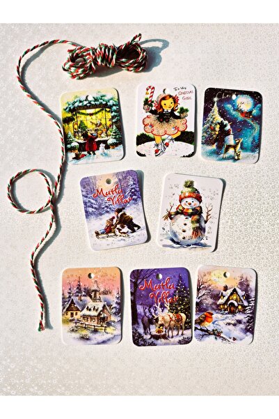 Mia Pera Simli Yılbaşı Etiket Hediye Kart Yeniyıl Kırmızı Beyaz Yeşil İp 8 Ad...