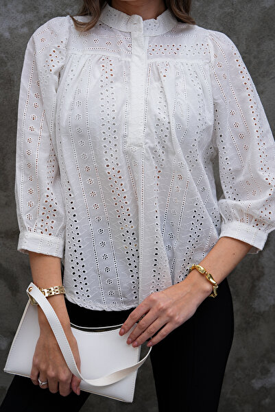 FancyWorld Lace Detailed Embroidered Patterned D Mock Neck Fisto Shirt