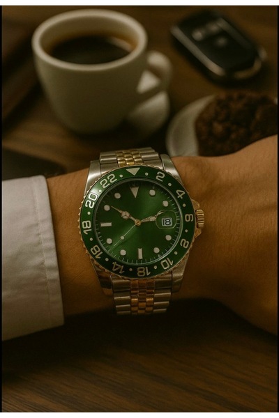 Love The Wind Sports Men's Wristwatch with Calendar - Silver Gold Band & Green Dial