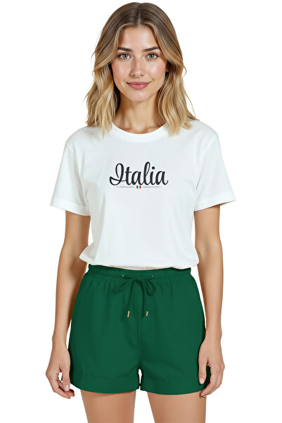 Color Luxe تي شيرت نسائي أبيض قصة مريحة مصنوع من القطن بنسبة 100% - نص ITALIA...
