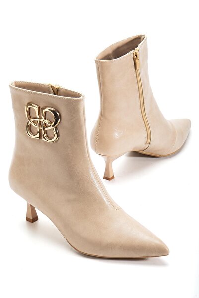 Dilimler Ayakkabı Nude Women's Thin Heeled Boots with Accessories Pointed Toe