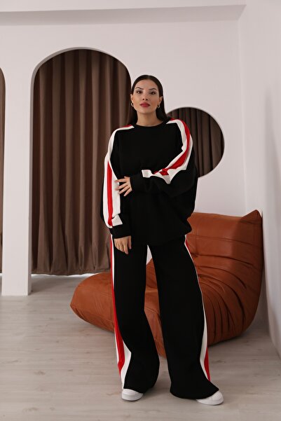 02Lady Fashion detaliu cu dungi supradimensionat Set de trening cu trei fire cu picioare largi