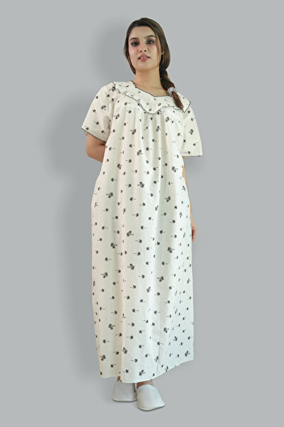 Comfort Over Everything Printed Cotton Black and White Nighty - Lace Neck