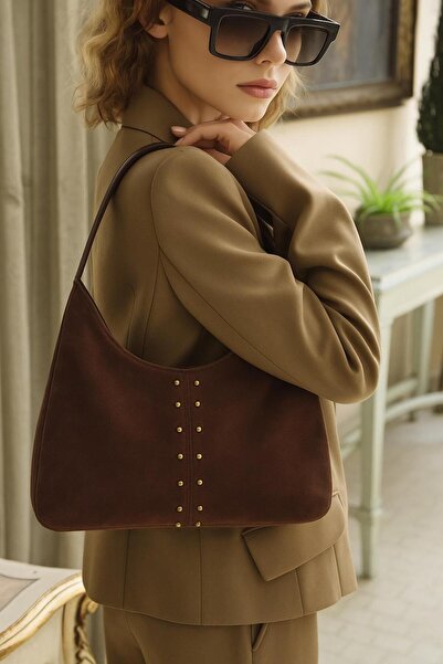 Tandi Bags Bery Stone Suede Shoulder Bag Brown