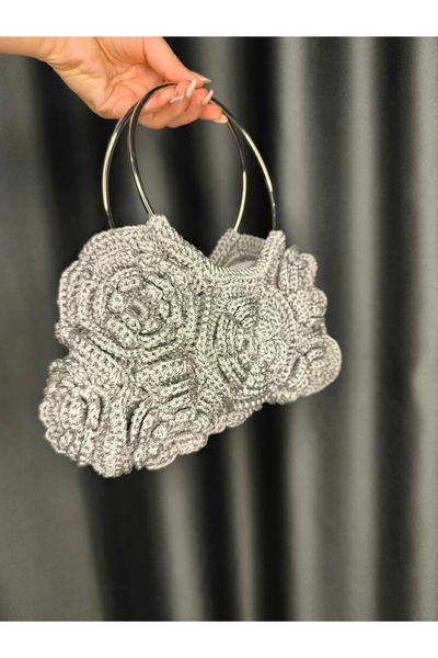 AHK Bag Beauty Gri El Örgüsü Makrome Çiçek desenli halkalı el çantası