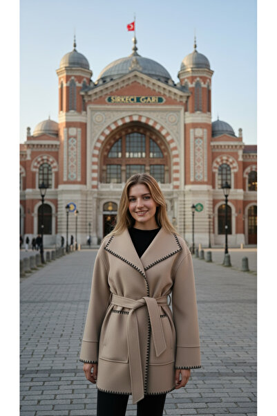 Moda Nest Kadın Uzun Kollu Kruvaze Yaka Kuşaklı Cepli Kaban