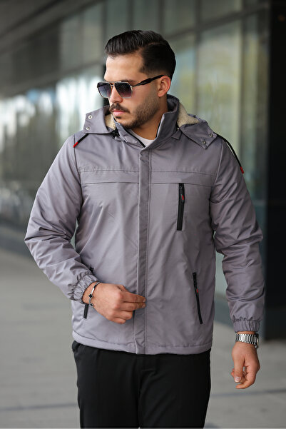 FASİON Men's Fur-Lined Water and Cold-Proof Winter Coat Jacket with Detachable Hood