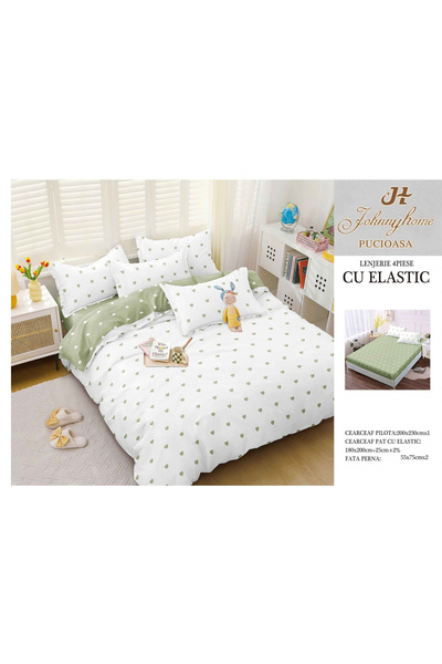 FIONNA.RO Satin Cotton Bed Linen With Elastic - White With Green Hearts