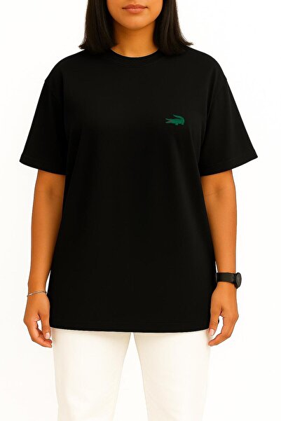 Bahriyeli Collection Oversized Green Crocodile Pocket Design Unisex T-Shirt