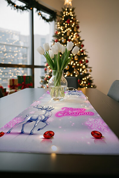 Artvibe Silver Deer and Merry Christmas Written Christmas Themed Runner Premium Digital Printing Tablecloth