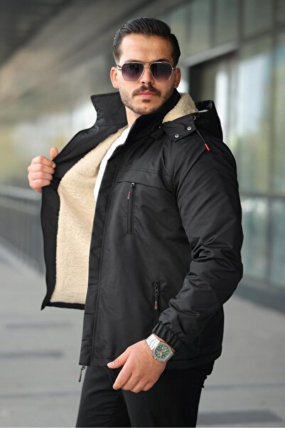 FASİON Men's Fur-Lined Water and Cold-Proof Winter Coat Jacket with Detachable Hood