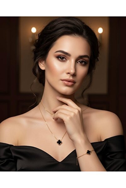 Kmod Life طقم قلادة وسوار على شكل ورقة البرسيم الأسود – من الفولاذ المقاوم لل...