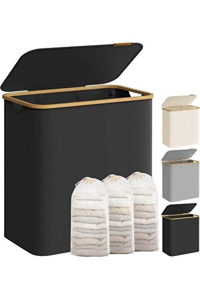 Generic سلة غسيل SONGMICS مع غطاء، سلة غسيل كبيرة بثلاثة أقسام، سعة 52.8 جالو...