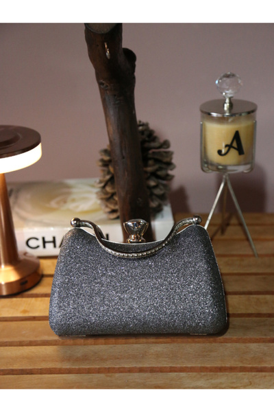 Alvora Silver - Black Glitter Stone Detailed Handle Women's Evening Dress Bag...