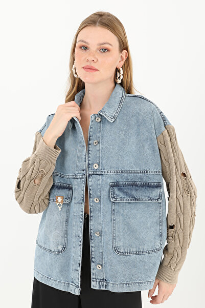 Modamorfo Women's Knitwear Sleeve Detailed Denim Jacket -32041Ckt