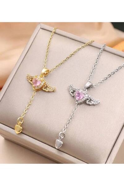 ASALEA pembe taşlı melek oynar kanatlı çelik kalp kolye - ALTIN RENK ( kalite...