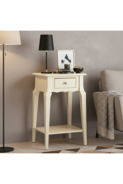 Wooding Mobilya Masif Konik Krem Raflı Yan Sehpa - Saksılık