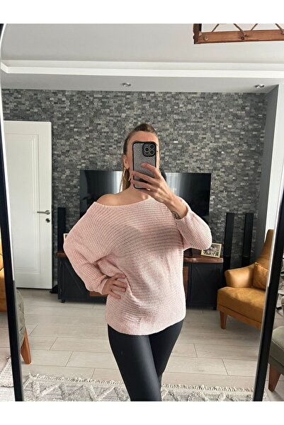 WellWay Pulover din tricot subțire din țesătură argintie cu gât barcă - roz