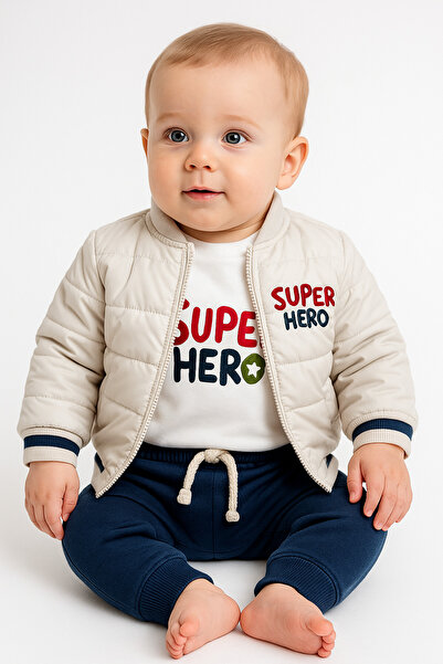 AKİ MODA KİDS Baby Boy Quilted Cream Coat Tracksuit Sweatshirt 3-Piece Baby Boy Set