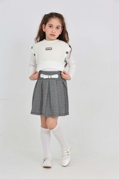 junior baby kids Triple Set, Side Buttoned Embroidered Cardigan, Body and Belt Detailed Skirt, Gorgeous Combination