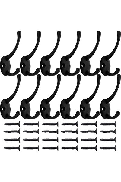 Generic IBosins 12-Pack Black Wall-Mounted Double Coat Hooks with 24 Screwors, Zinc