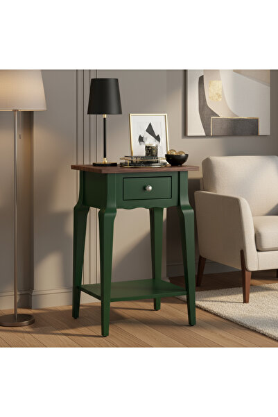 Wooding Mobilya Masif Konik Yeşil Ceviz Raflı Yan Sehpa - Saksılık