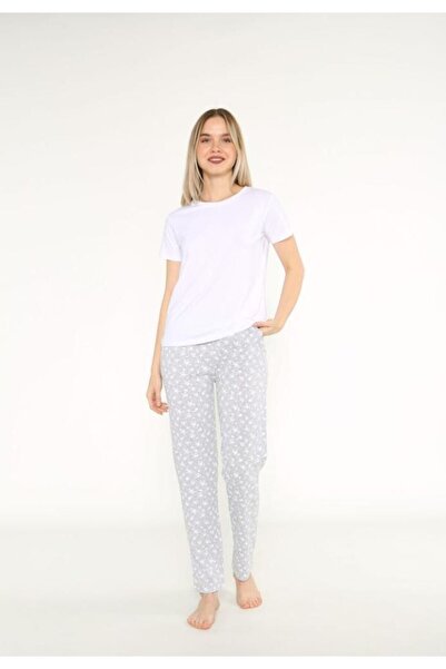 TOSKI pijama dama maneca scurta,pantalon lungi,Alb