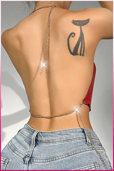 PERLMUTT Crystal Silver Stone Shiny Crop, Shiny, Metal, Stud Neck, Chain Strap, Backless Bustier